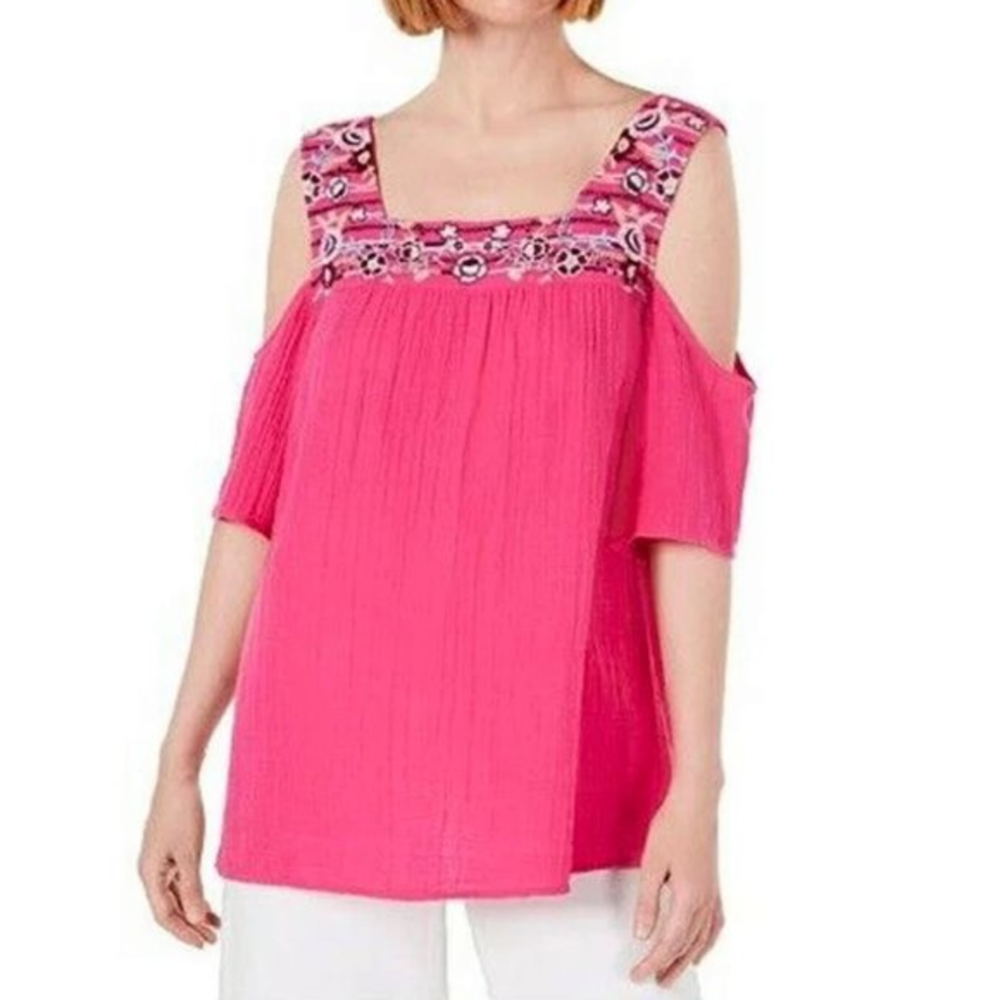 New! Style & Co Cold Shoulder Top Hot‎ Pink embroidered Floral Small 100% Cotton